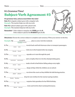 First grade Subject-Verb Agreement Quiz worksheet for kids