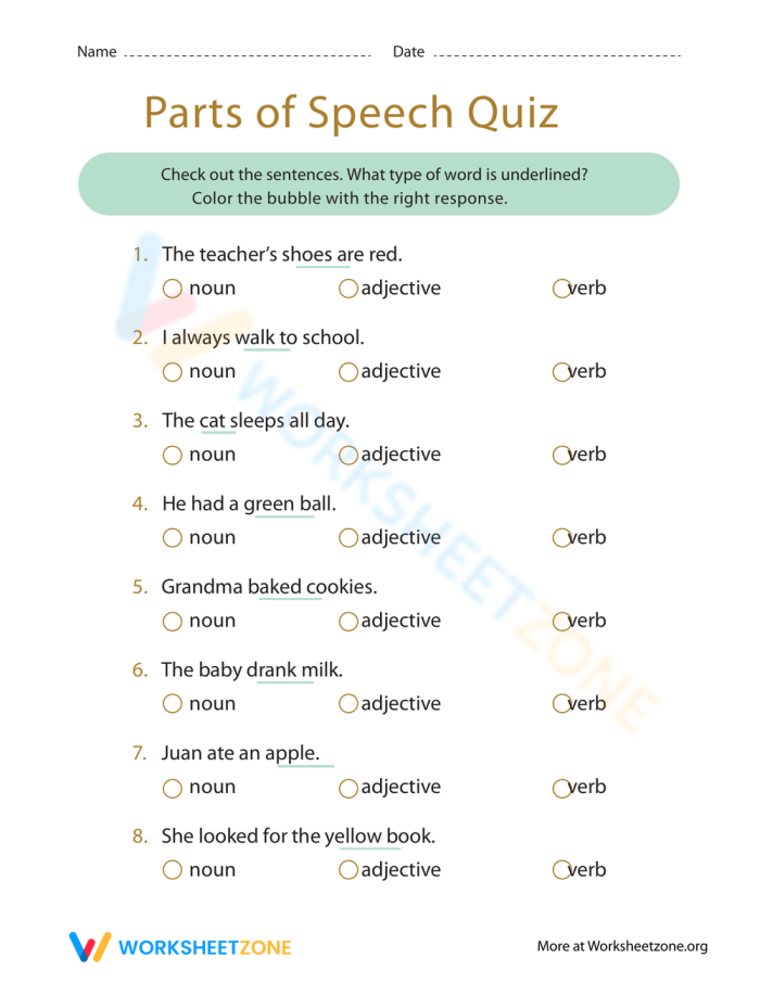 Parts of Speech Quiz worksheet for first graders focusing on basic grammar skills