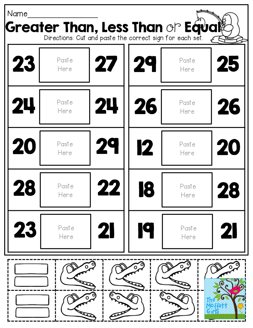 Alligator illustration for greater than and less than worksheet aimed at first graders