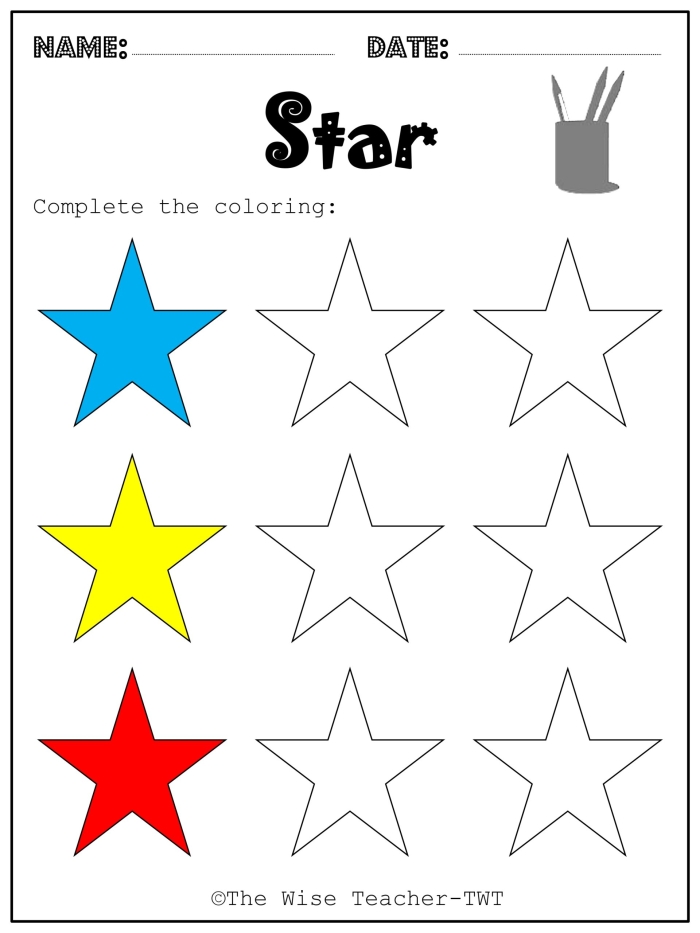 Coloring Shapes The Fraction 1/2 Worksheet Image 9 A first grade student coloring in half of the geometric shapes on a math worksheet