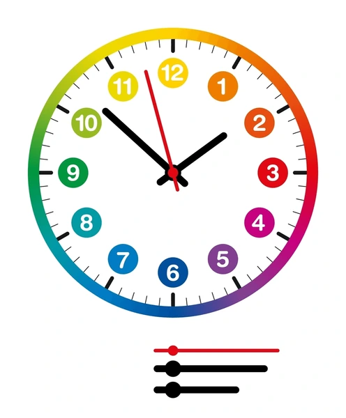 Worksheet featuring 11 analog clocks for practicing telling time to the half hour. On the Half Hour: Telling Time with Clockwork Cat worksheet for first graders.