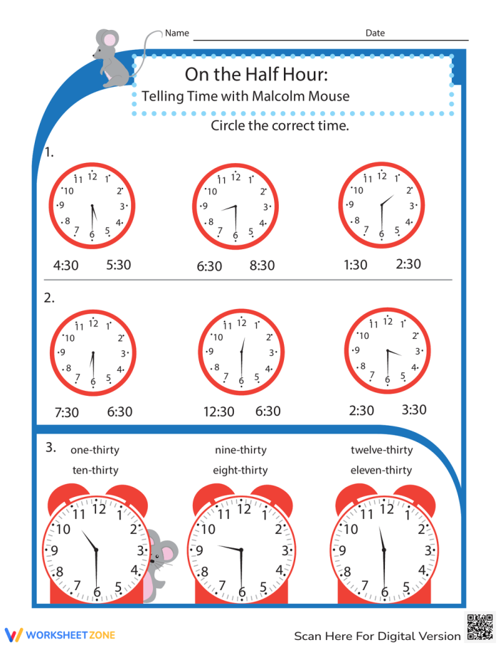 Worksheet featuring analog clocks for telling time to the half hour with Clockwork Cat