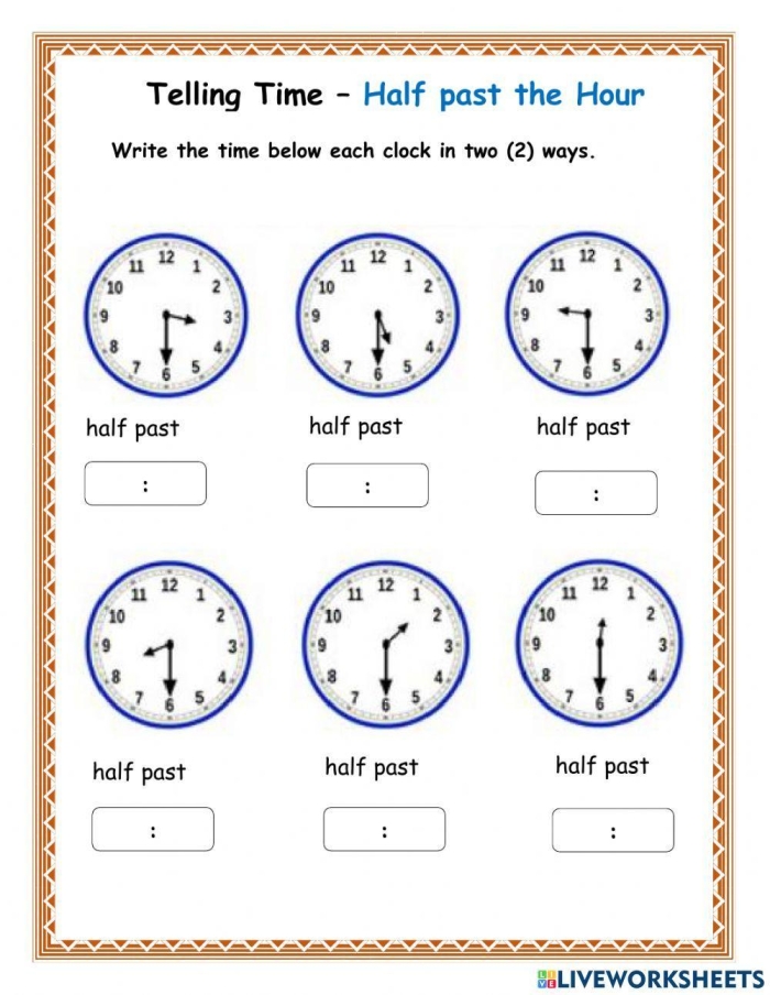 First grade students match clocks to time intervals in this half hour match-up worksheet