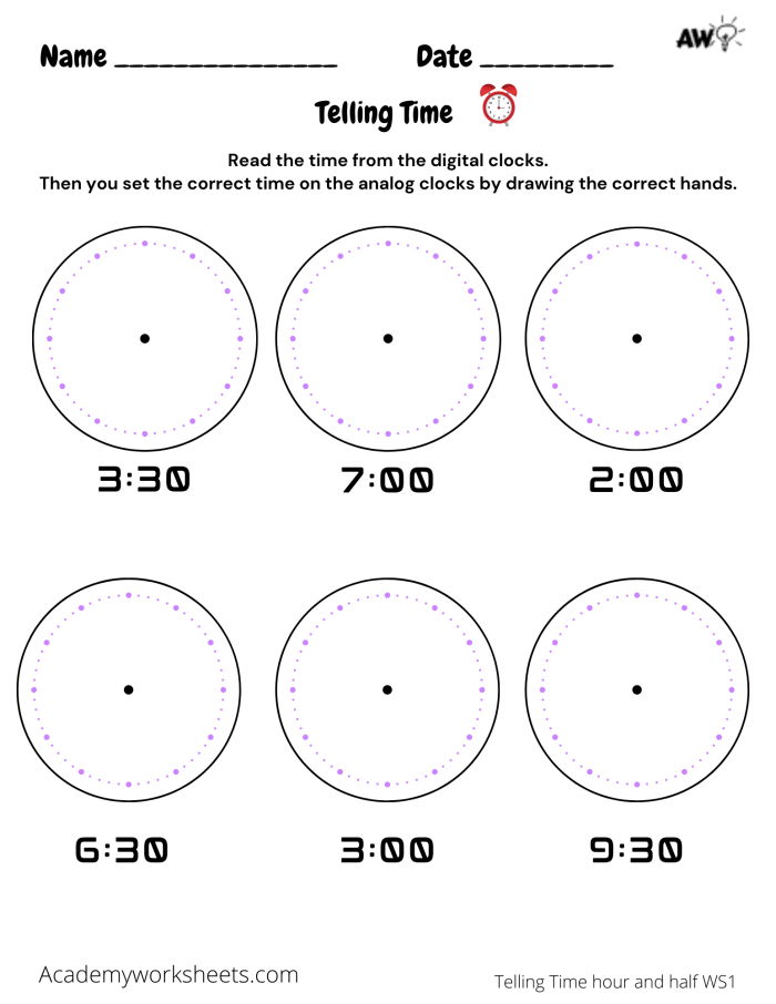 Worksheet featuring 11 analog clocks for first graders to practice telling time to the half hour