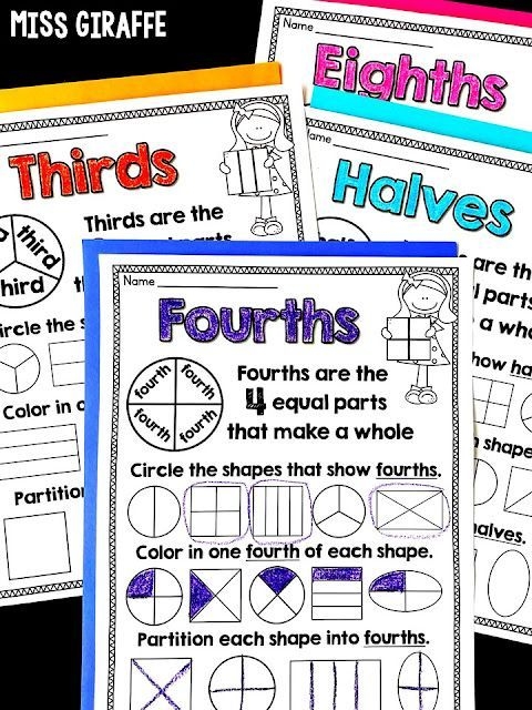 Worksheet featuring first graders learning to identify halves and fourths with fun food examples