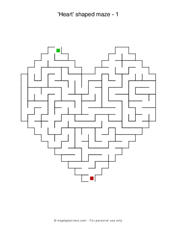 Heart Maze Worksheet 3: Valentine's Day Navigation Activity for First Grade First grade students navigate a heart-shaped maze by drawing a line to reach the center heart in this Valentine's Day division worksheet puzzle