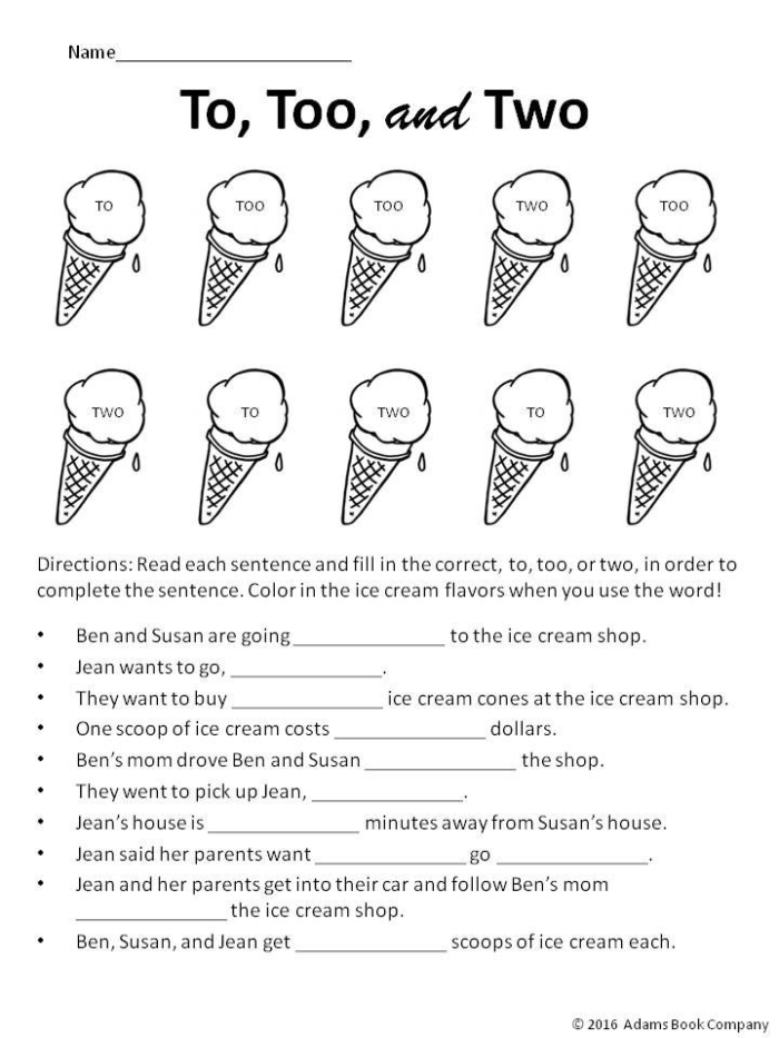 First grade grammar worksheet for practicing the difference between the homophones to, too, and two