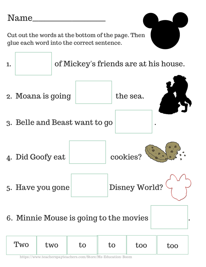 First grade worksheet for practicing homophones: To, Too, or Two?