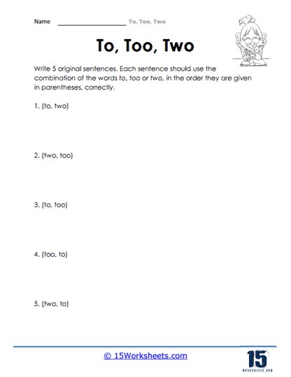 First grade students engaging with a worksheet on homophones focusing on "To, Too, or Two?
