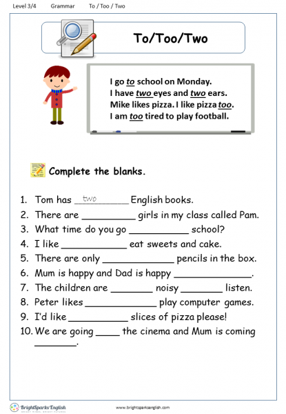 First grade worksheet for practicing homophones: To, Too, or Two?