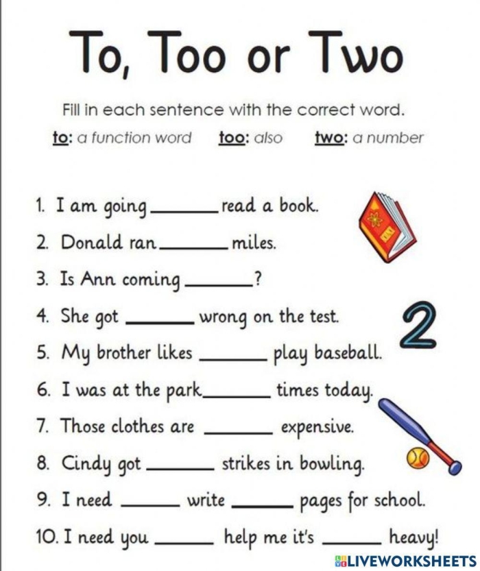 First grade worksheet for practicing the homophones to too and two using context clues