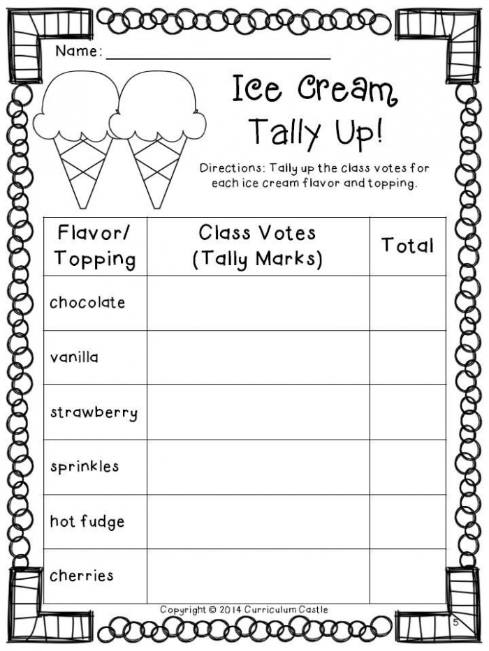 First grade worksheet featuring a colorful picture graph about favorite ice cream flavors to practice handwriting and data skills