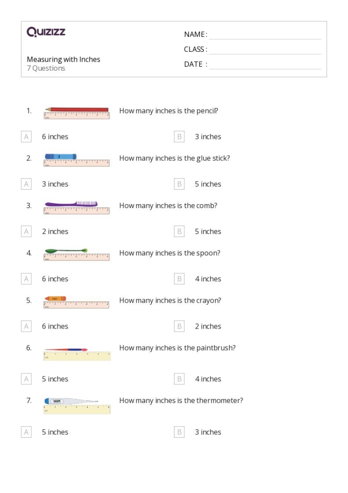 First grade math worksheet for measuring various objects using inches