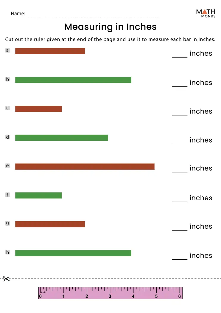 Measuring in inches worksheet for first graders with colorful illustrations