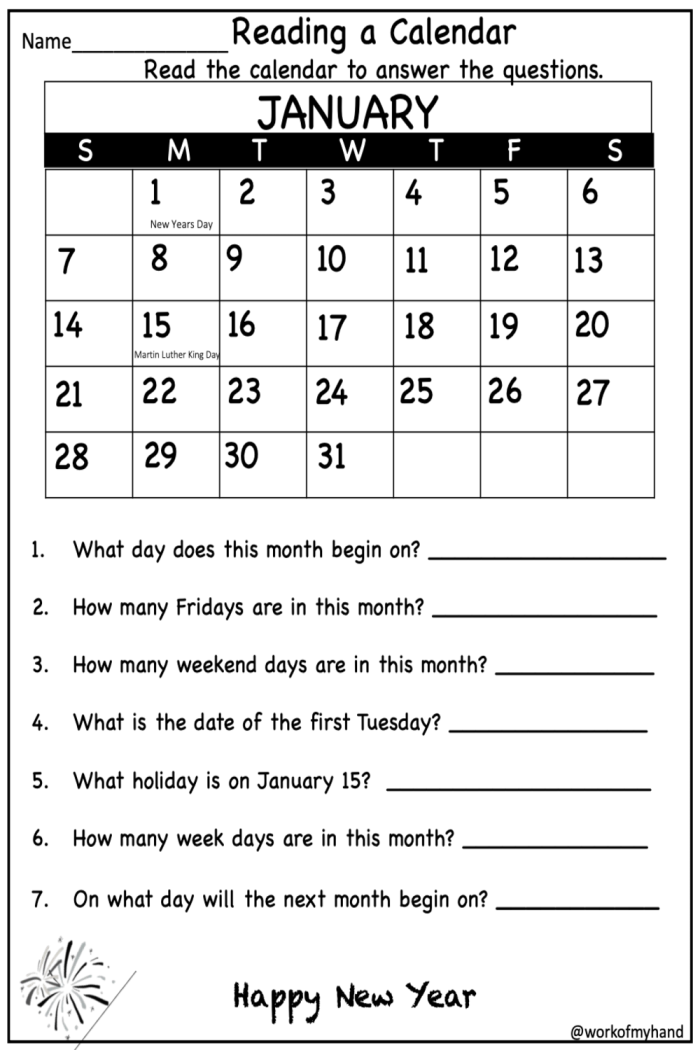 First grade students practicing reading and writing January 2026 calendar days and dates on a math worksheet