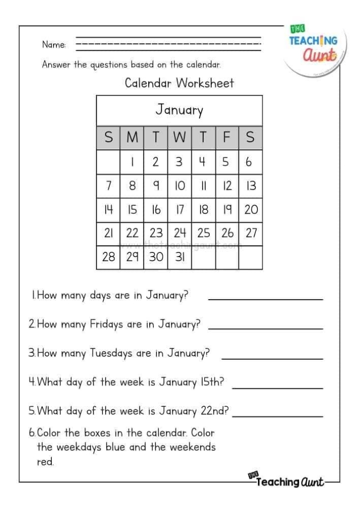 First grade students practice reading and writing January 2026 calendar dates with days of the week on a colorful math worksheet
