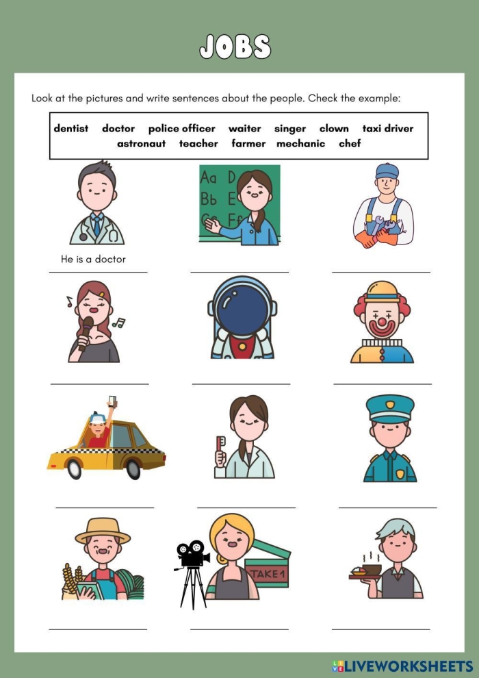 Worksheet 18: Children illustrating various occupations and their responsibilities First grade students drawing pictures of three different jobs with labels and descriptions of what workers do