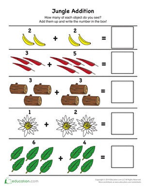 First grade students tackling one and two digit addition problems on a fun jungle-themed worksheet