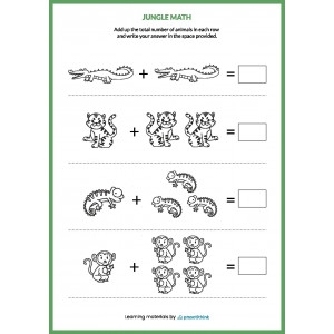Brave first graders solve one and two digit addition problems in a jungle-themed worksheet