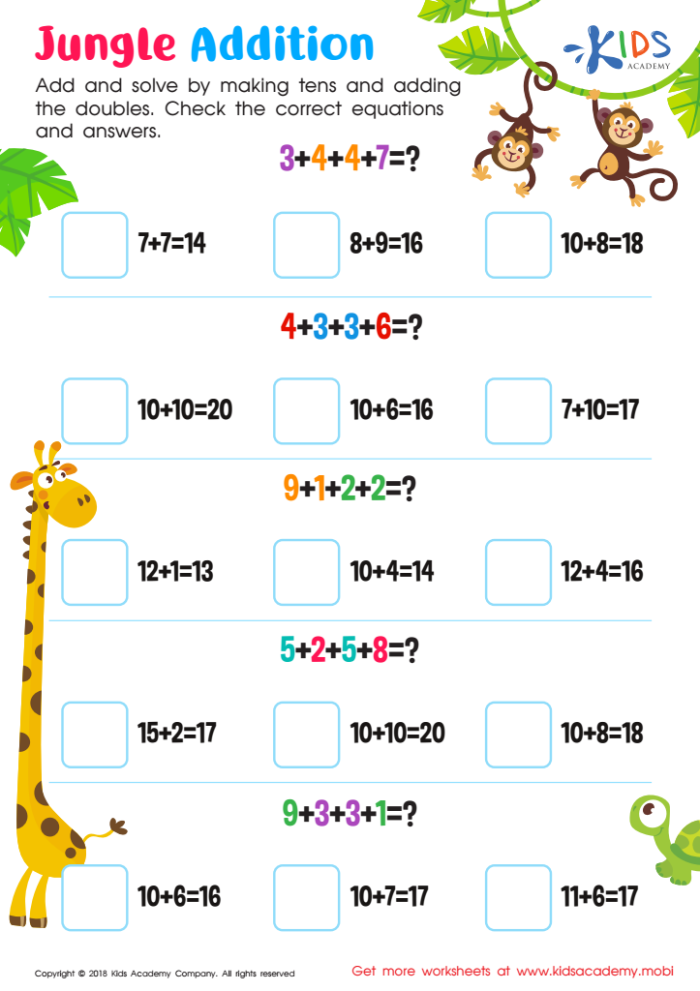 Jungle Addition worksheet for first graders featuring one and two digit math problems