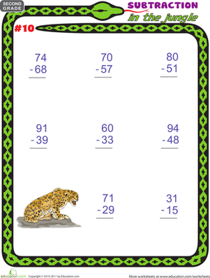 A colorful jungle-themed subtraction worksheet for first graders to practice basic math skills. Fun jungle subtraction problems designed to help young learners master regrouping techniques.