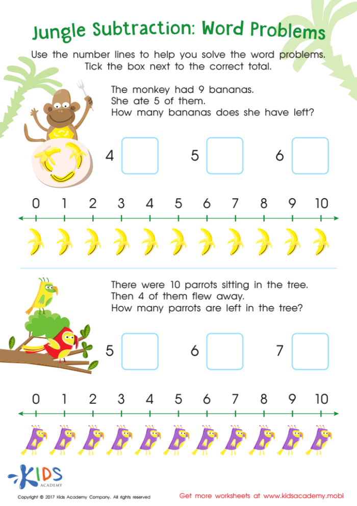 Colorful jungle-themed subtraction worksheet for first graders to practice basic math skills.
