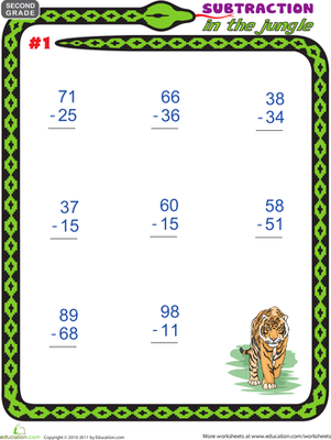 First grade jungle subtraction worksheet featuring safari animals and math regrouping practice