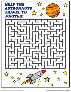 Astronauts navigating a maze to find Jupiter in this fun worksheet for first graders