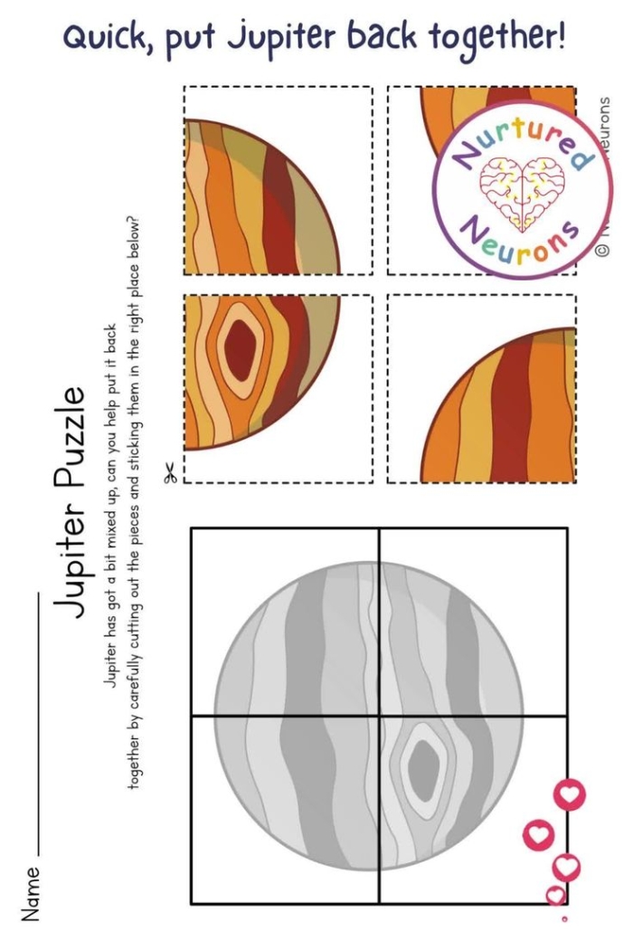Astronauts navigating through a maze to find Jupiter on a worksheet