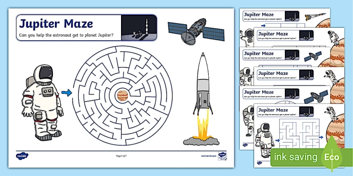 Astronauts navigating a maze to reach Jupiter in a first-grade science worksheet