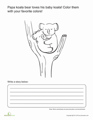 A first grade life science worksheet featuring a cute koala for students to color