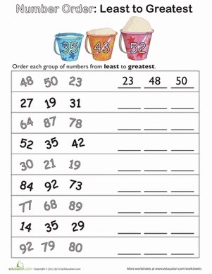 First grade worksheet for arranging numbers from least to greatest