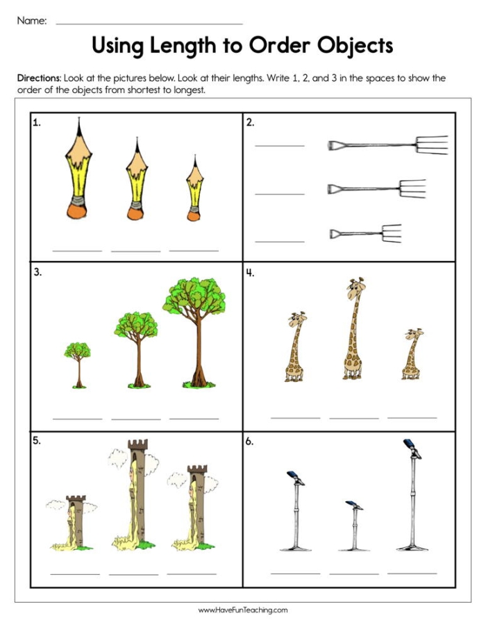 Determining Relative Length: Shortest to Longest worksheet for First Grade