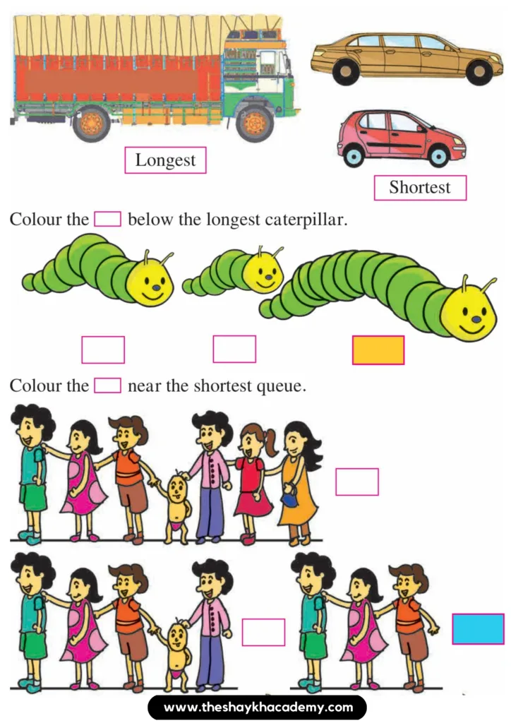 First grade students comparing and ordering objects by length on a math worksheet