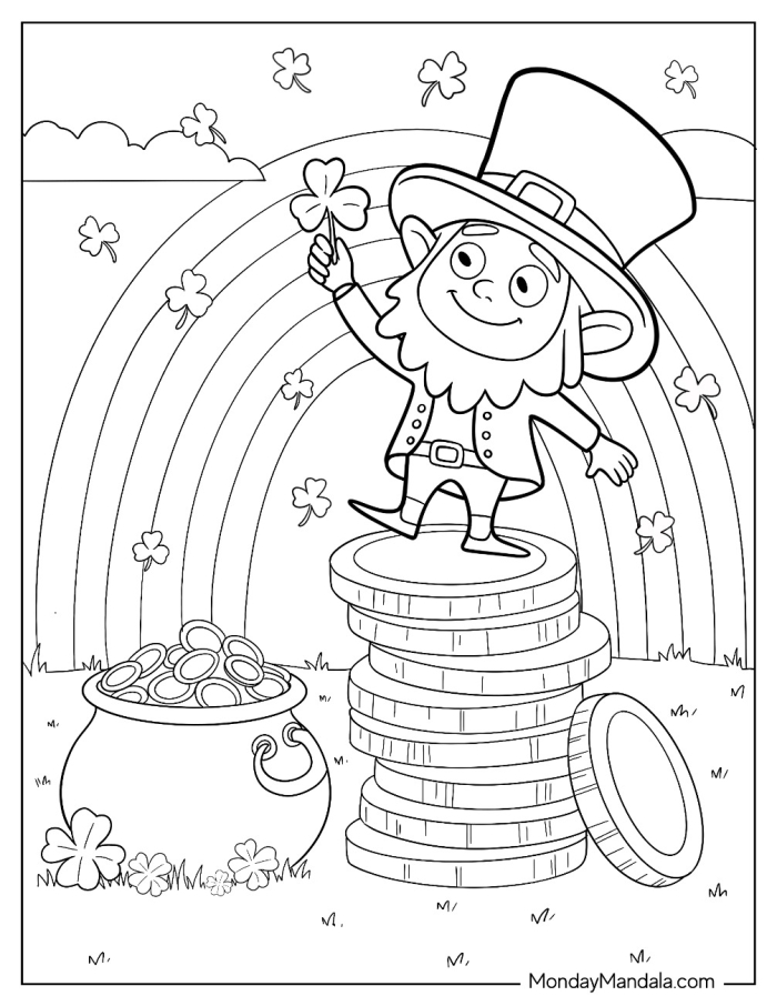 First grade students coloring a cheerful leprechaun for a St. Patrick's Day grammar worksheet