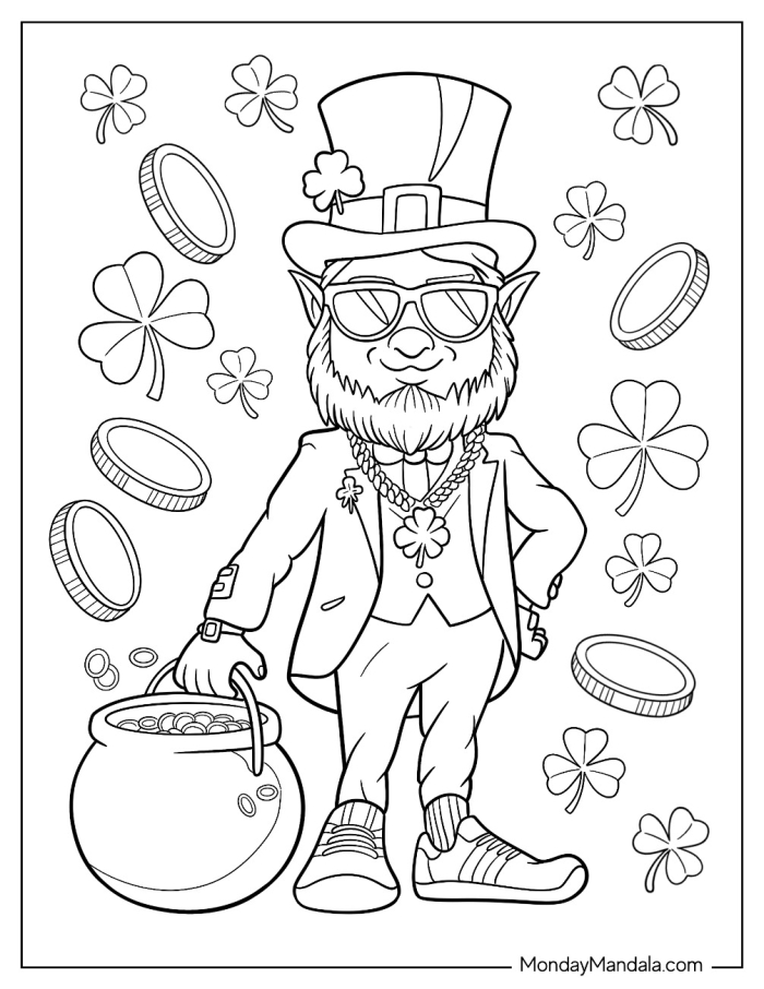 First grade student coloring a festive leprechaun worksheet for St. Patricks Day grammar lesson 20