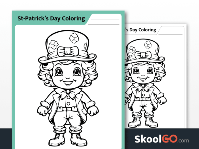 First grade student coloring a festive leprechaun worksheet for St. Patrick's Day