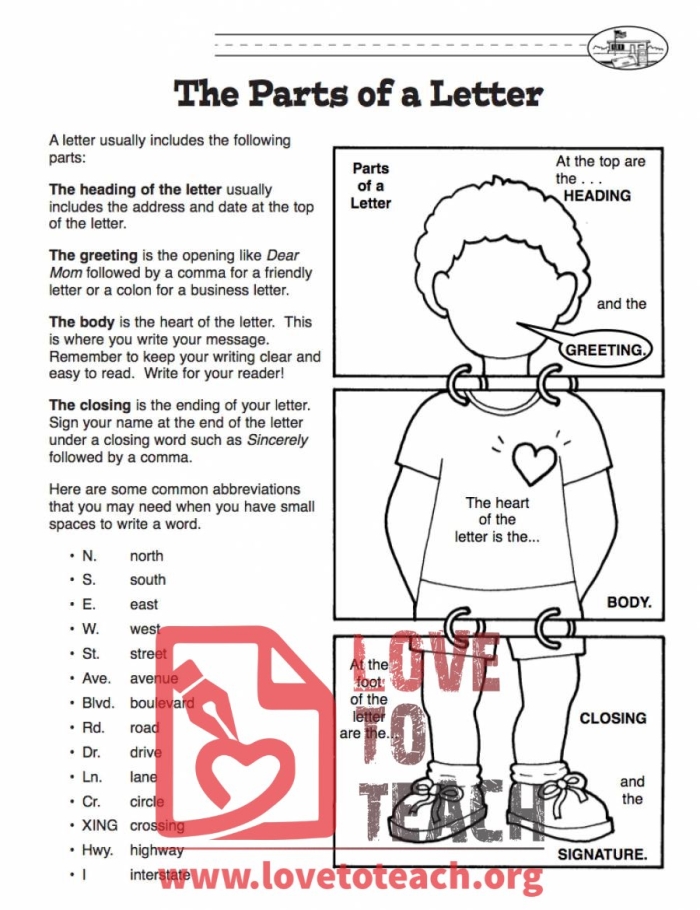 Illustration of a worksheet teaching first graders about the parts of a letter