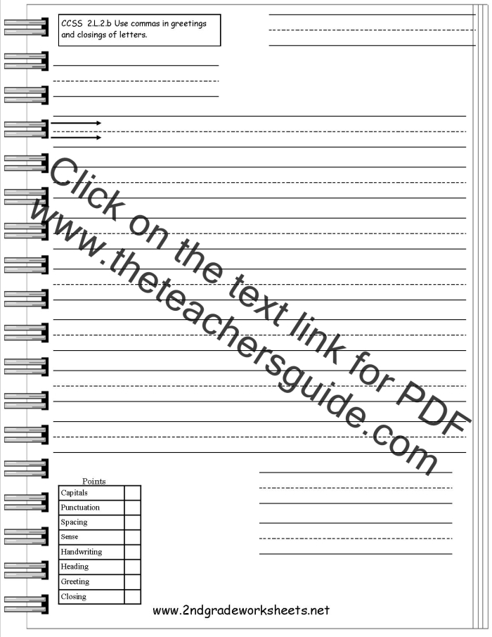 Worksheet illustrating the various components of a letter for first graders