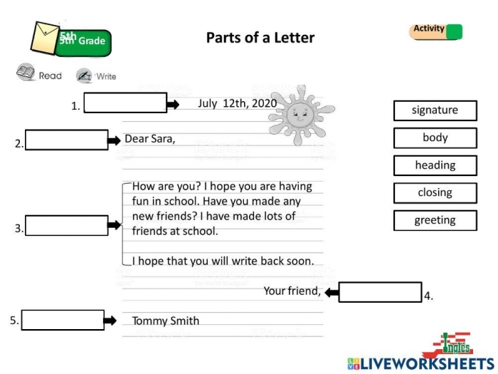 Worksheet illustrating the various parts of a letter for first graders