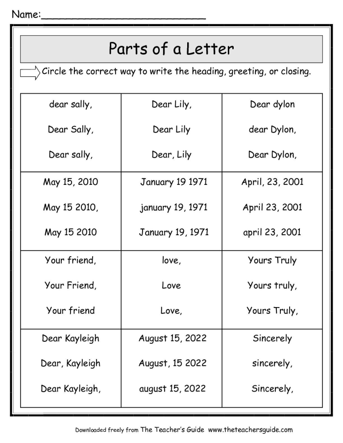 Worksheet illustrating the parts of a letter for first graders