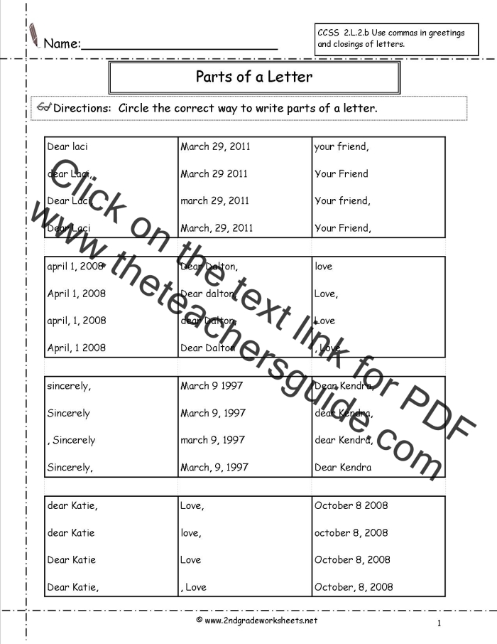 Worksheet illustrating the parts of a letter for first graders