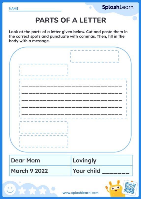 Parts of a Letter worksheet designed for first graders to enhance their understanding of letter writing
