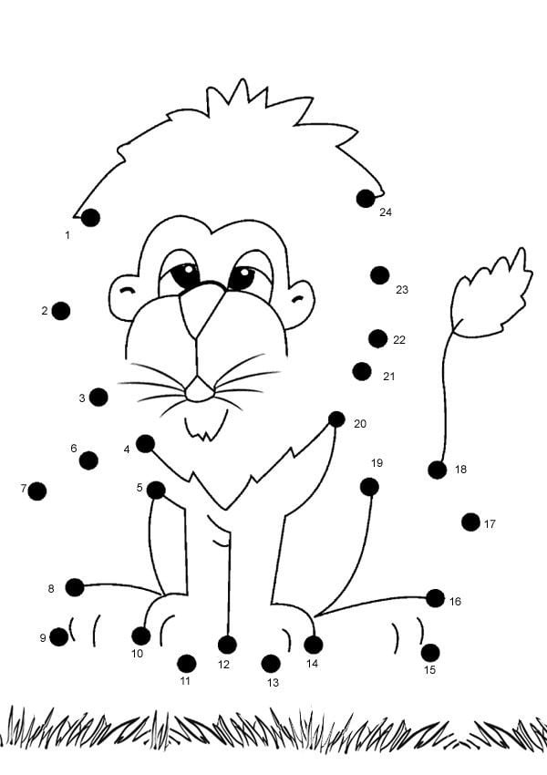 First grade connect the dots lion activity from 1 to 50 with numbered dots forming a friendly lion face