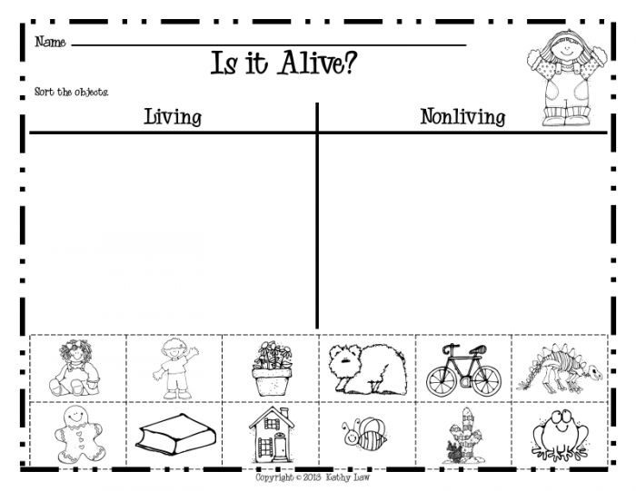 Living or Non-Living? Worksheet for First Grade Grammar and Mechanics Worksheet for identifying living and non-living things for first graders