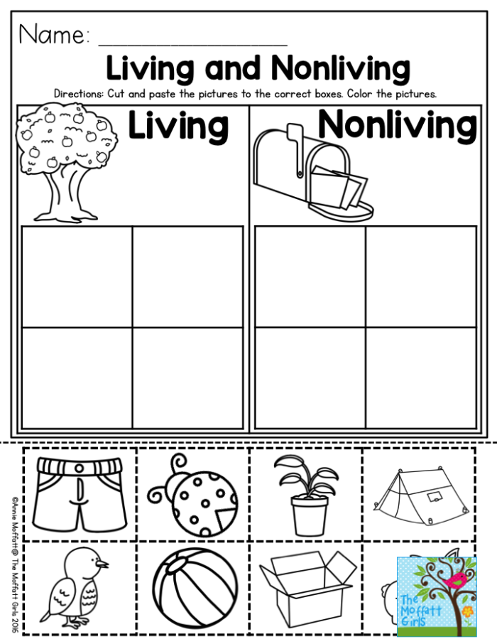 Interactive activity to explore animal and life sciences concepts Worksheet for identifying living and non-living things for first graders