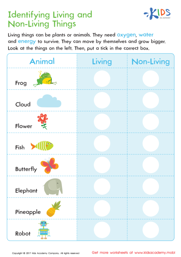 Living or Non-Living? worksheet for early science education Worksheet for first graders to identify living and non-living things