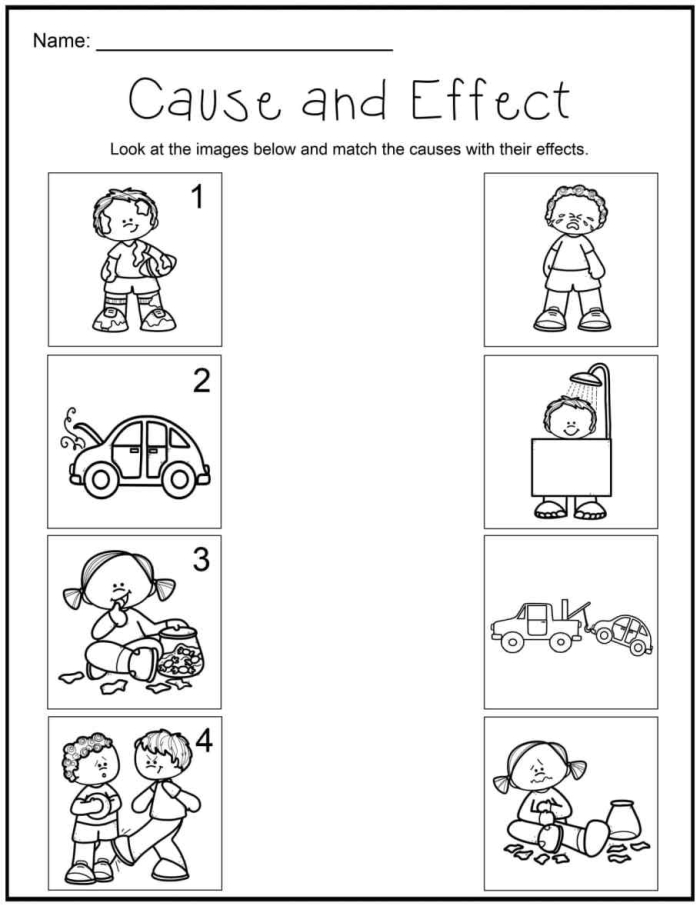 Cause and effect worksheet for first graders focusing on integers and rational numbers
