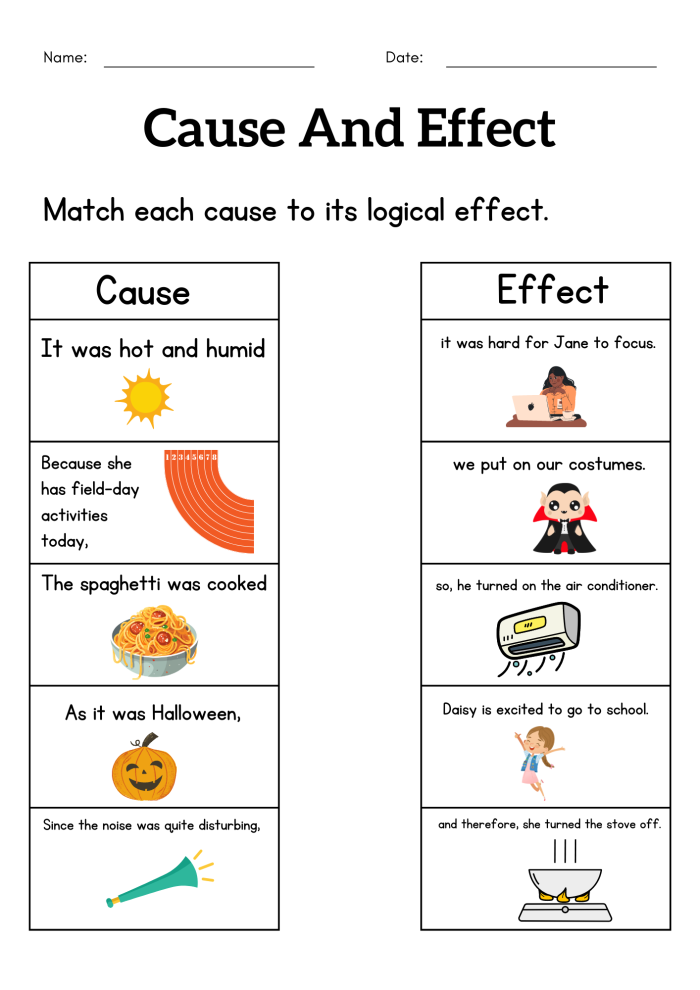 Worksheet illustrating cause and effect concepts for first graders focusing on integers and rational numbers