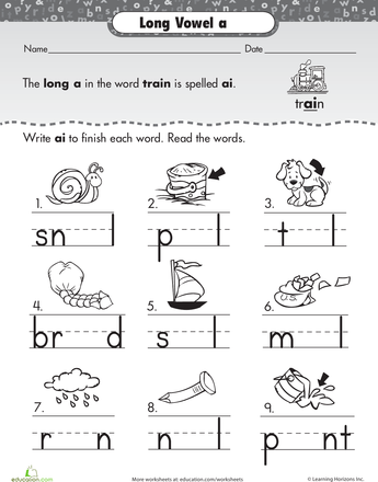 Worksheet featuring long A vowel sounds in words like "train" for first graders